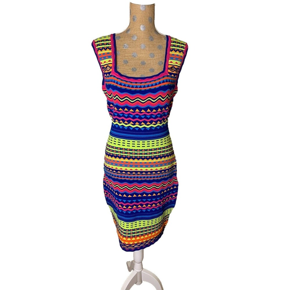 MILLY Neon Technicolor Textured Cocktail Bodycon Short Dress Large 80s Party NWT